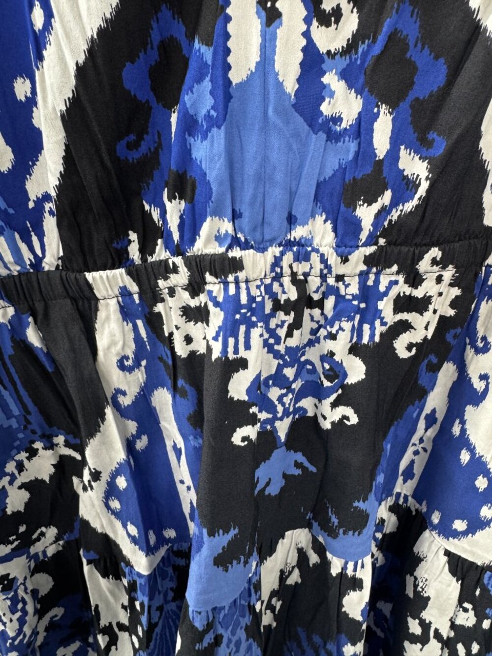 Chicos Ikat Puff Sleeve Smocked Tiered Midi Dress Navy White Sz L 14 - Picture 5 of 15